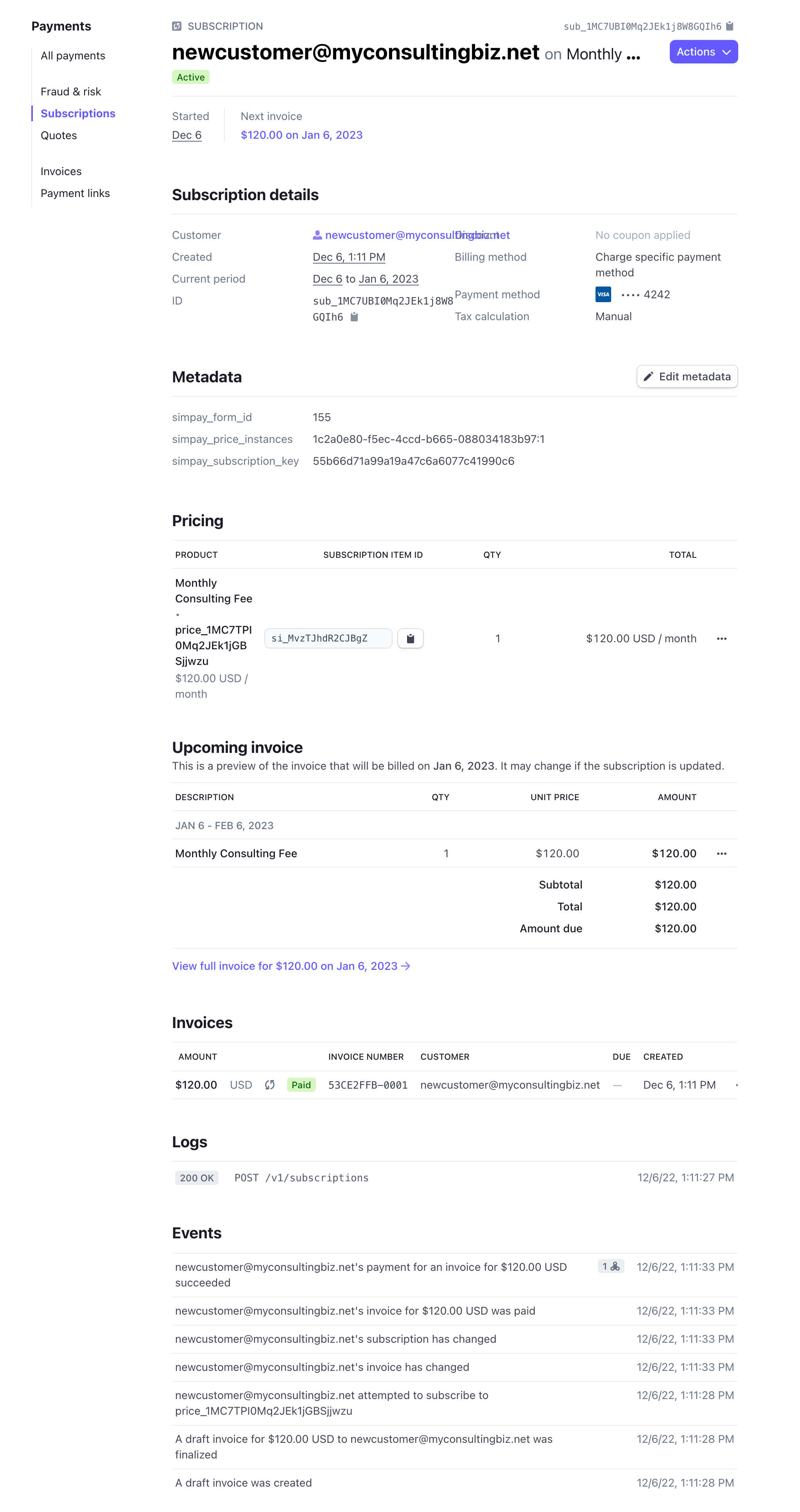 Subscription record in Stripe dashboard.