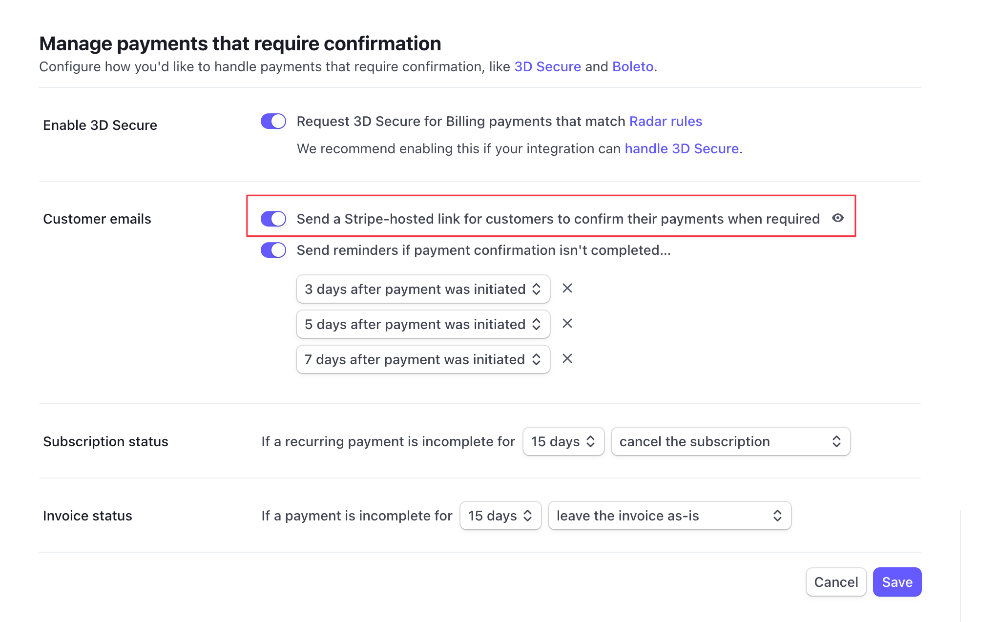 Enable 3D secure authorization emails in Stripe