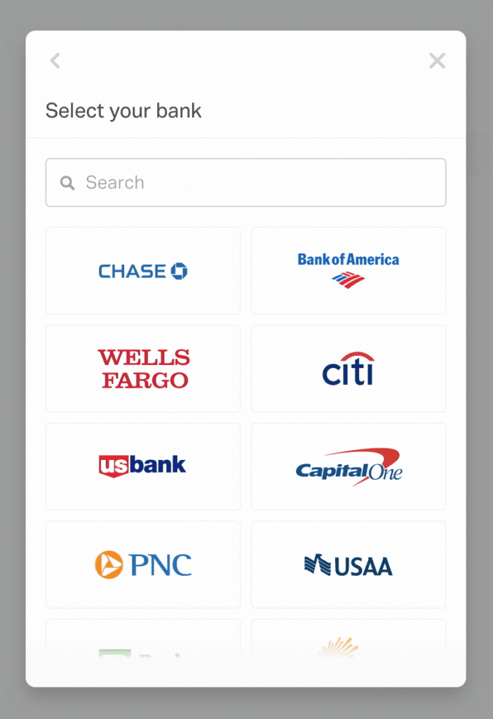 ACH payments with Plaid - "Select your bank" screen