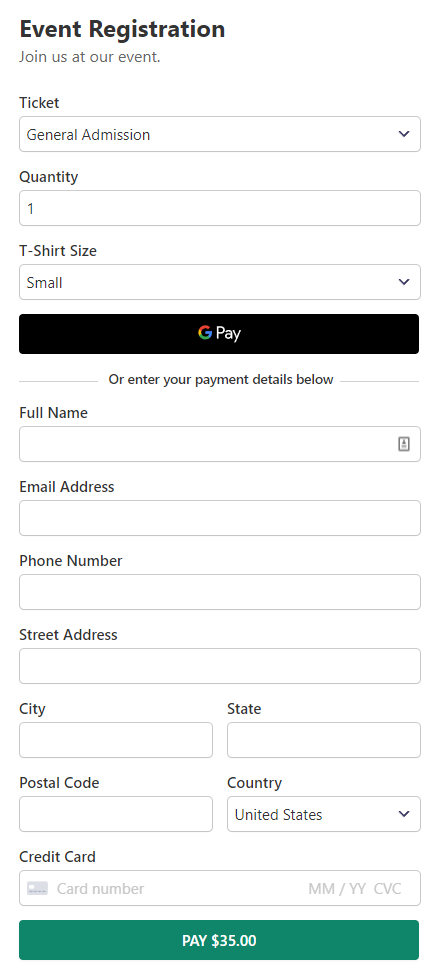 even registration form from template