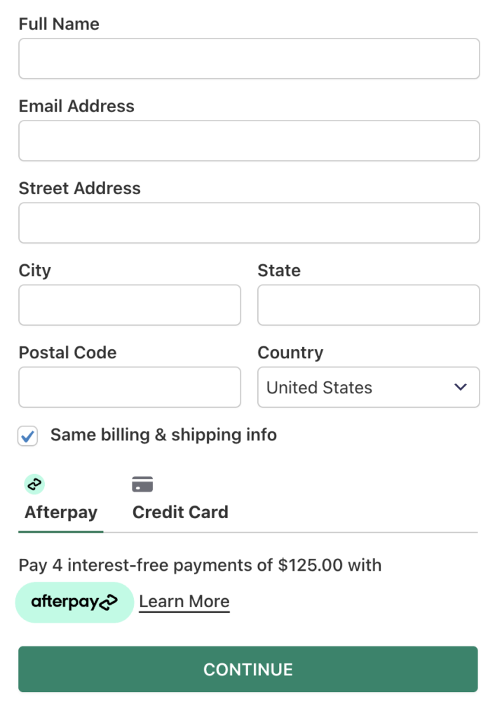 payment form buy now pay later afterpay