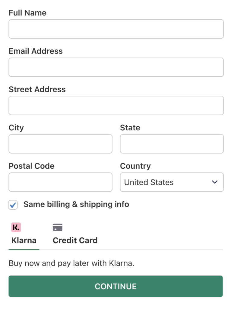 payment form buy now pay later klarna