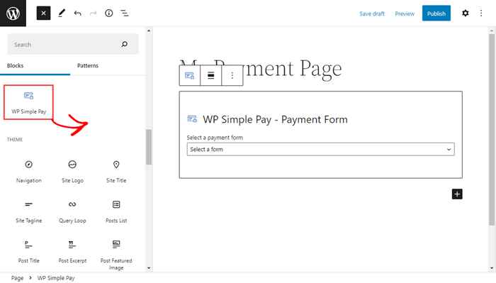 Add WP Simple Pay block to page