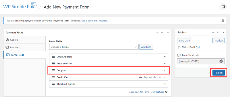 Payment form move coupon field and publish
