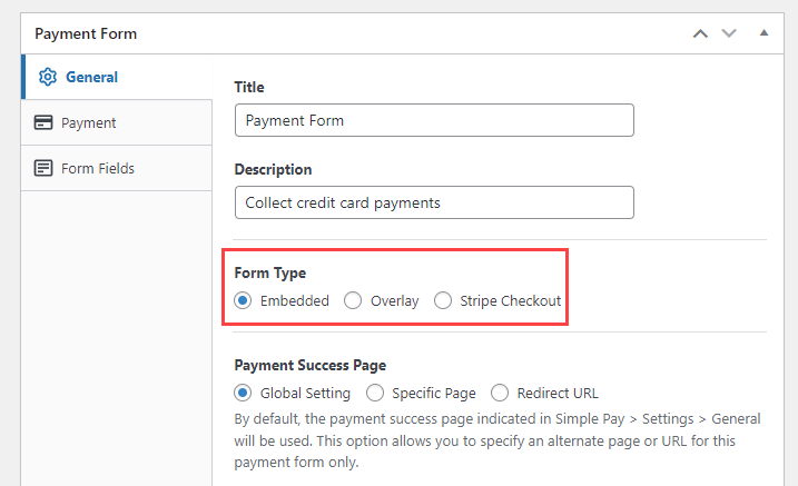 Payment form type embedded