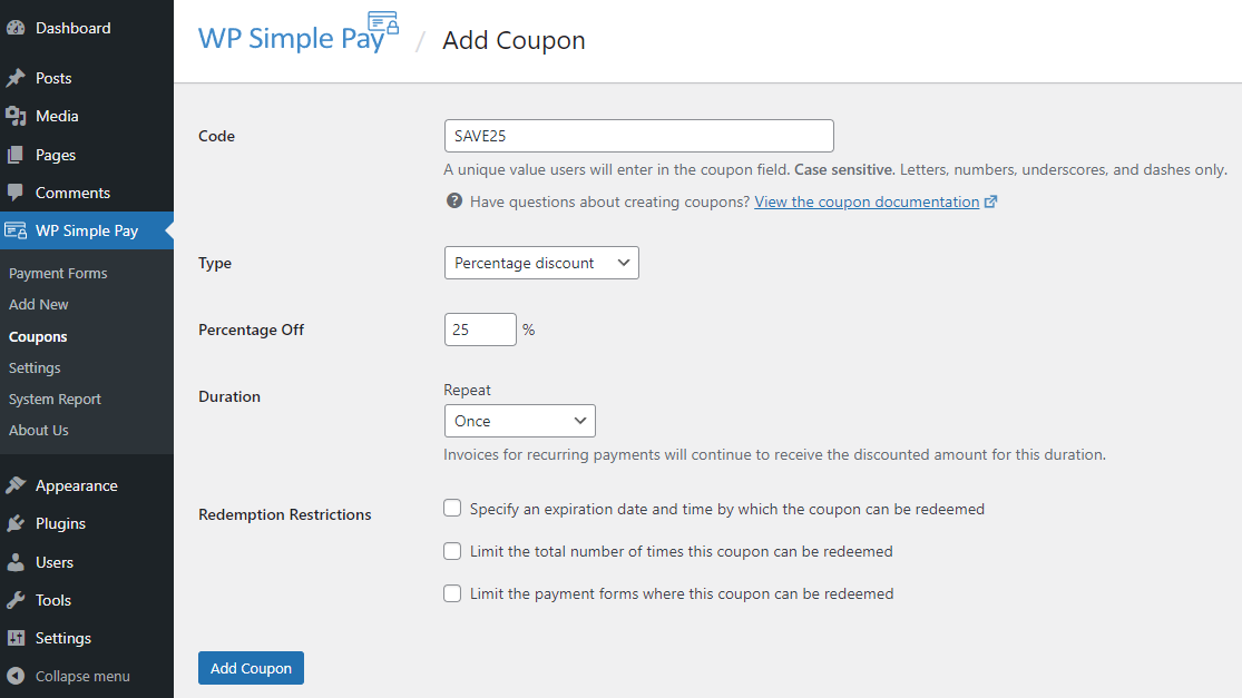 WP Simple Pay add coupon