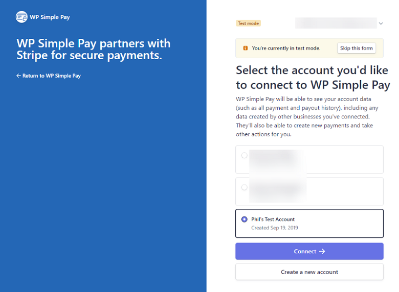 WP Simple Pay Connect to Stripe existing account