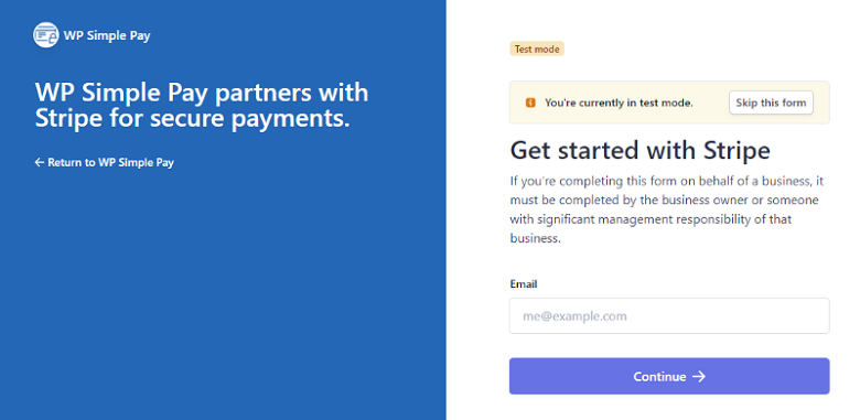 WP Simple Pay Connect to Stripe new account
