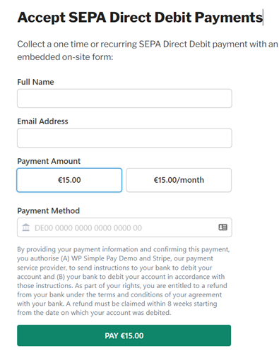 sepa direct debit payment form wordpress