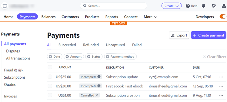 stripe dashboard test payment