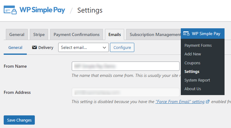 wp simple pay email settings