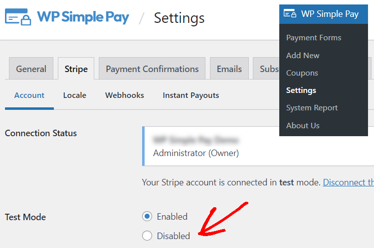 wp simple pay test mode disabled