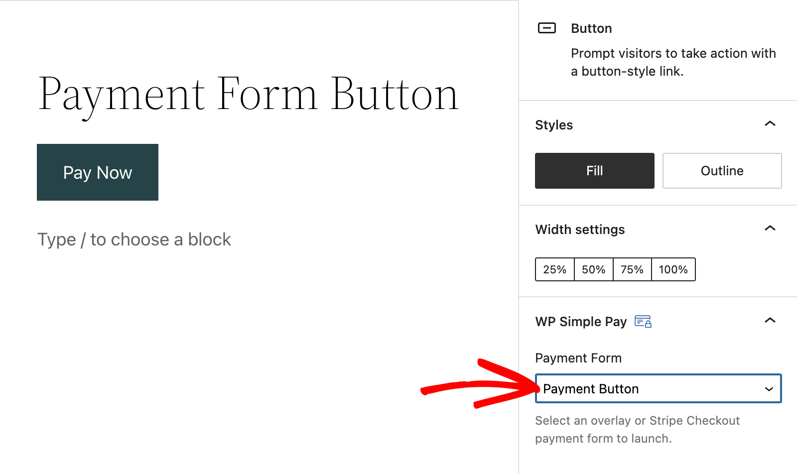 WP Simple Pay assign payment form to button