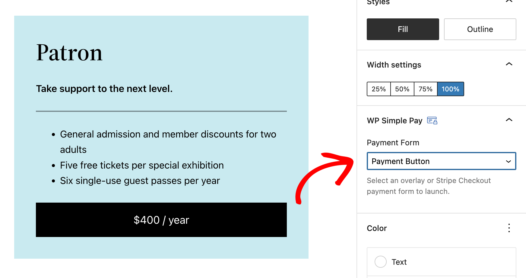 WP Simple Pay pricing table button block