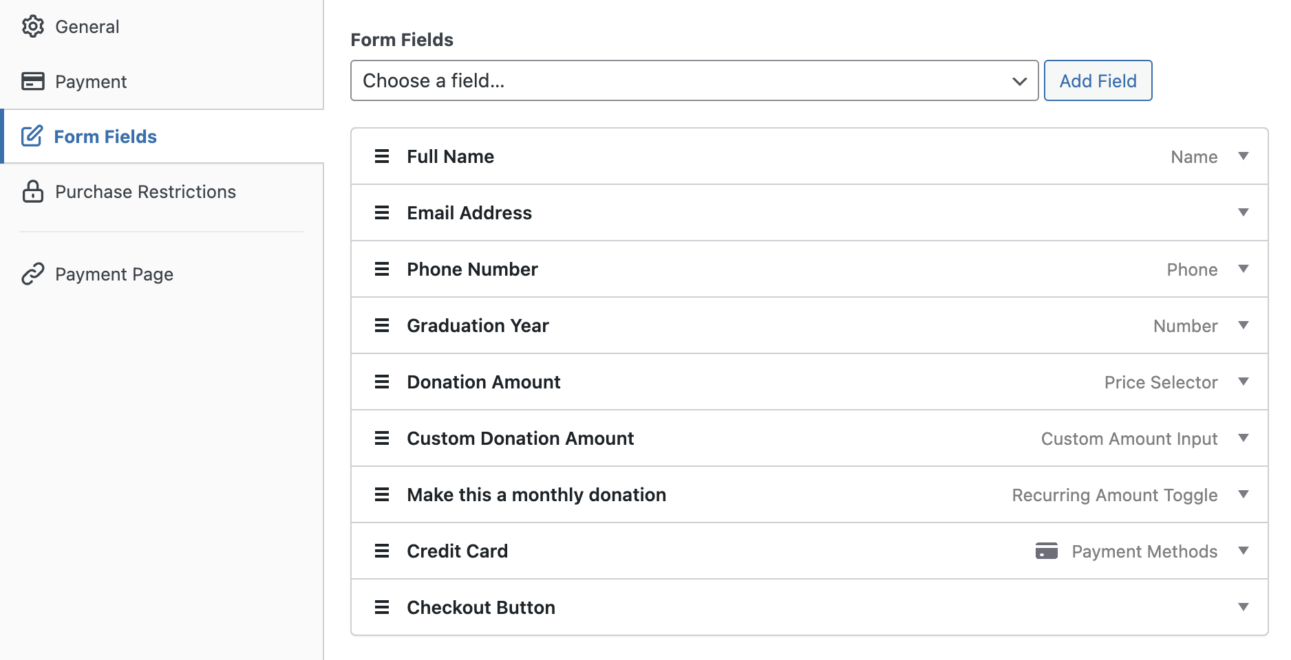 Donation form fields