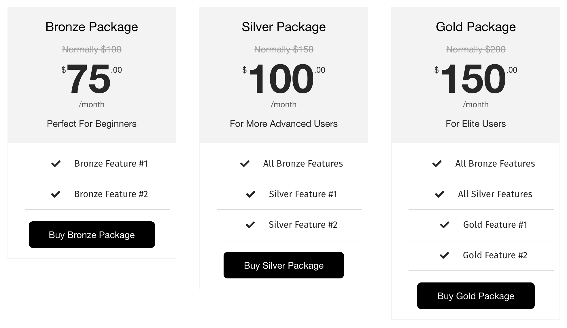 the finished pricing table with properly linked buttons