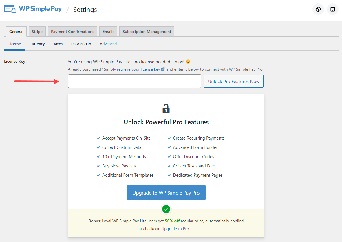 paste your license into the wp simple pay settings license field