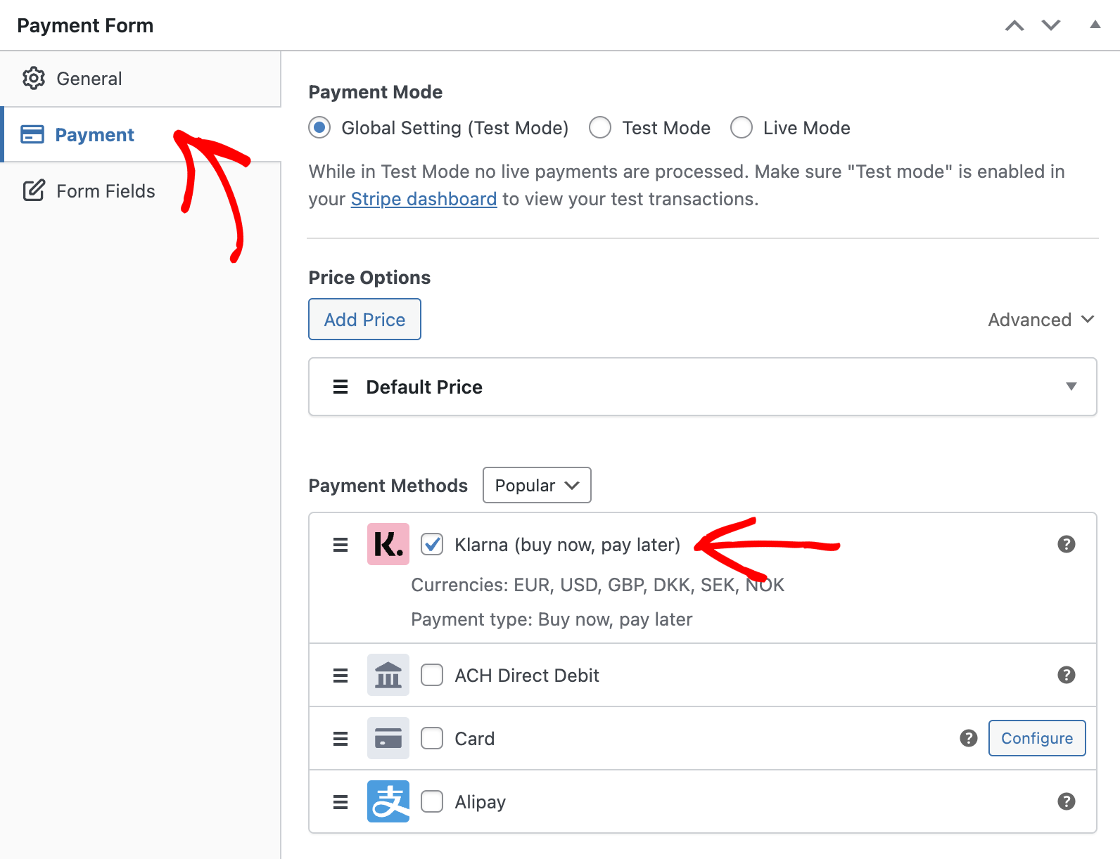 Enable Klarna in WP Simple Pay