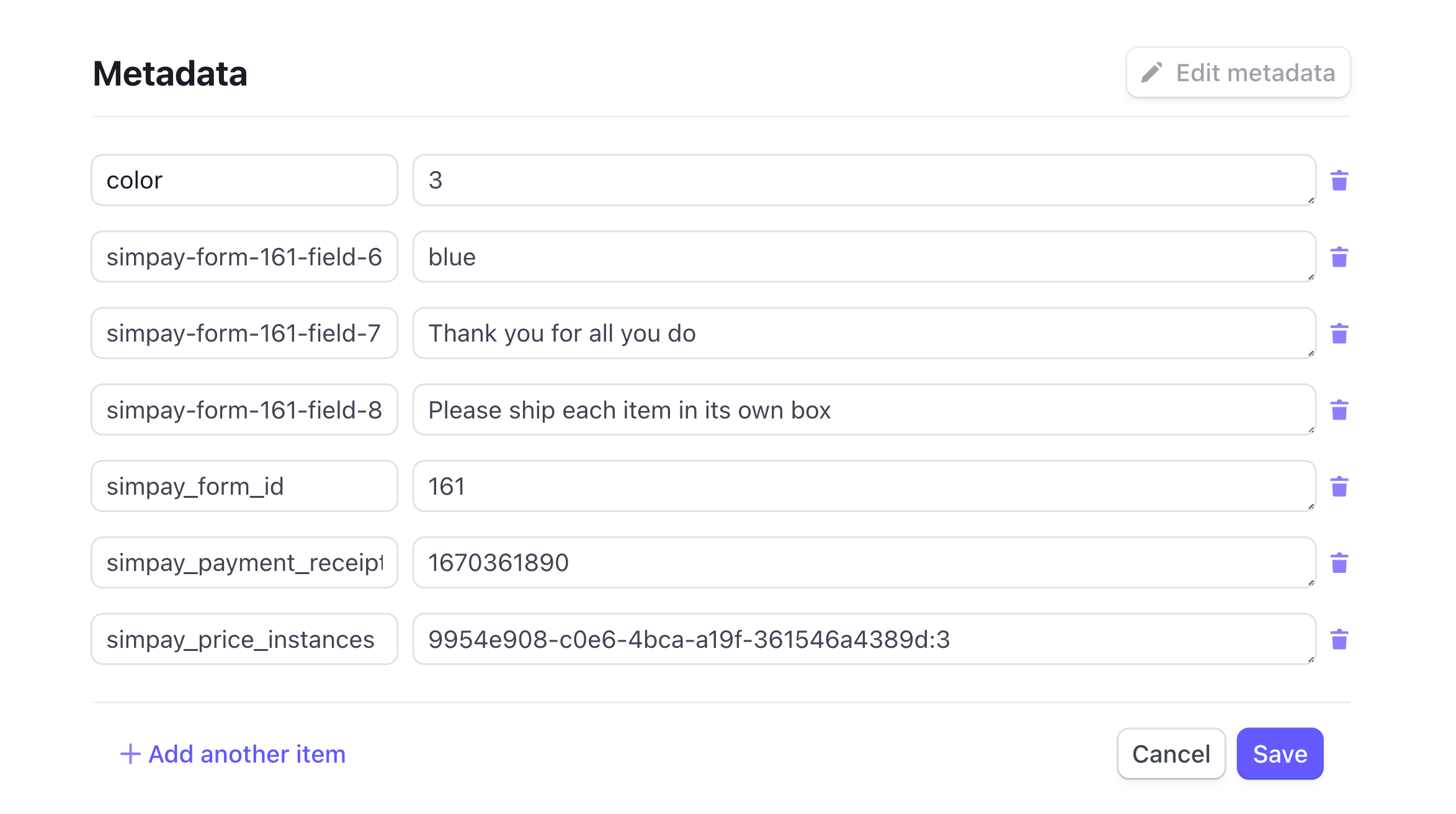 Edit metadata values in the Stripe dashboard