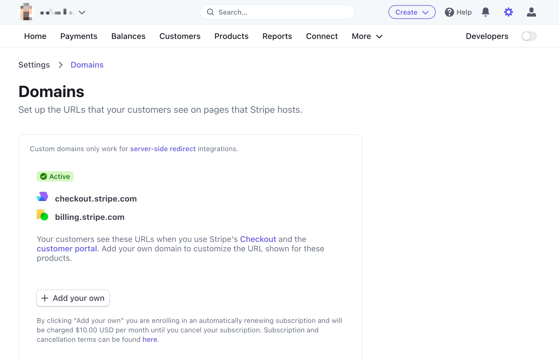 stripe dashboard custom domain feature settings