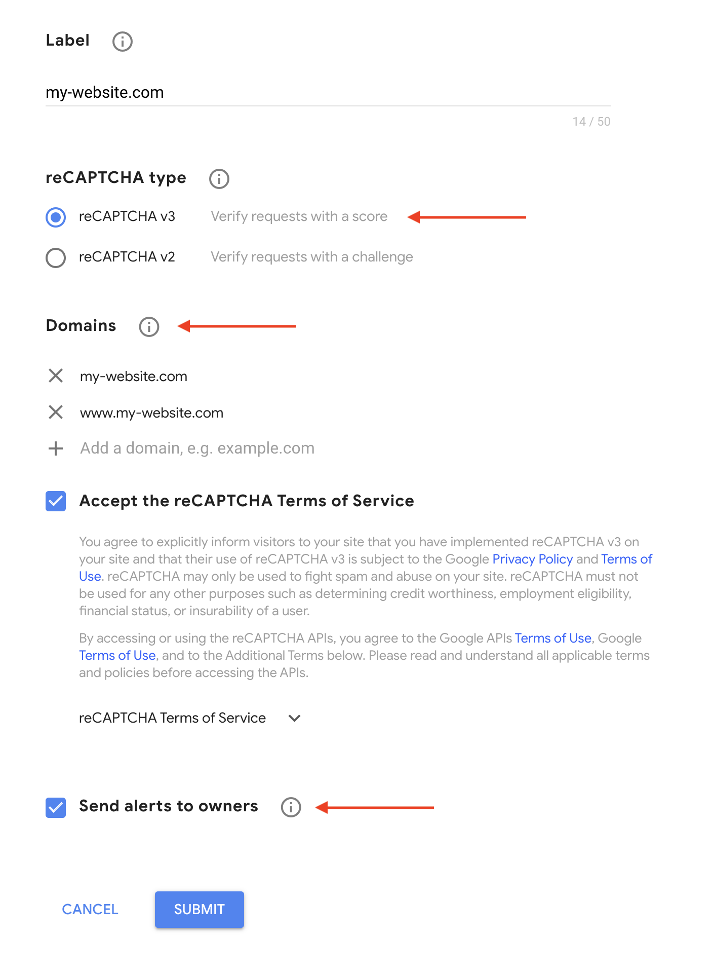 Google reCAPTCHA settings