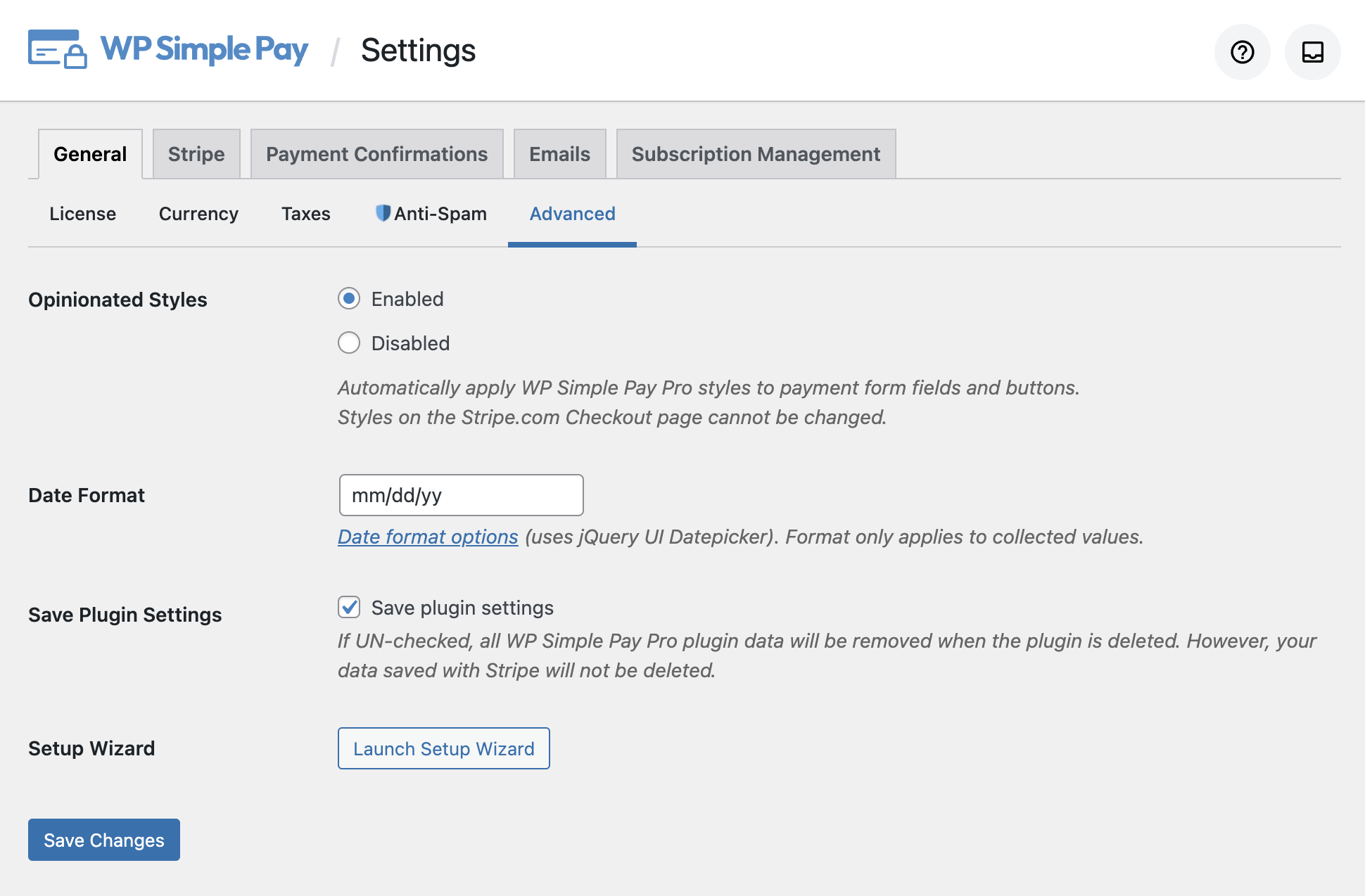 WP Simple Pay advanced settings