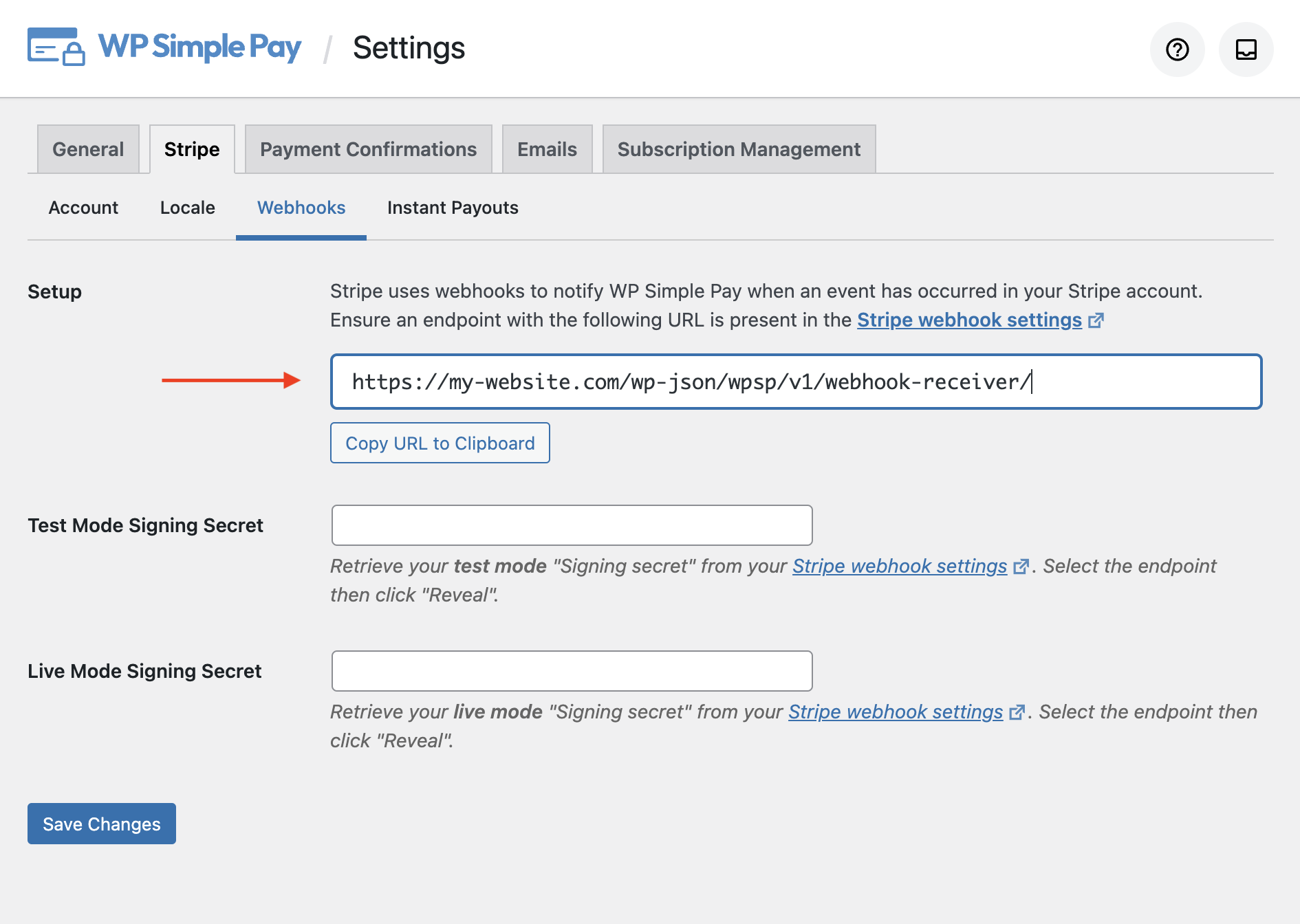 WP Simple Pay webhook endpoint settings