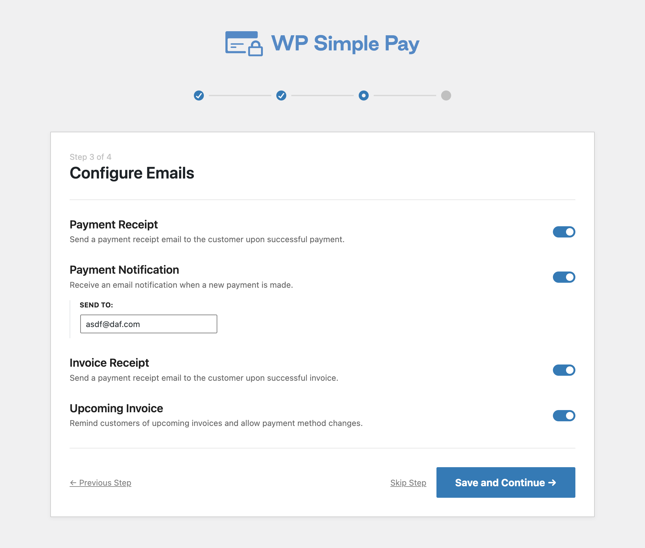 WP Simple Pay setup wizard email configuration
