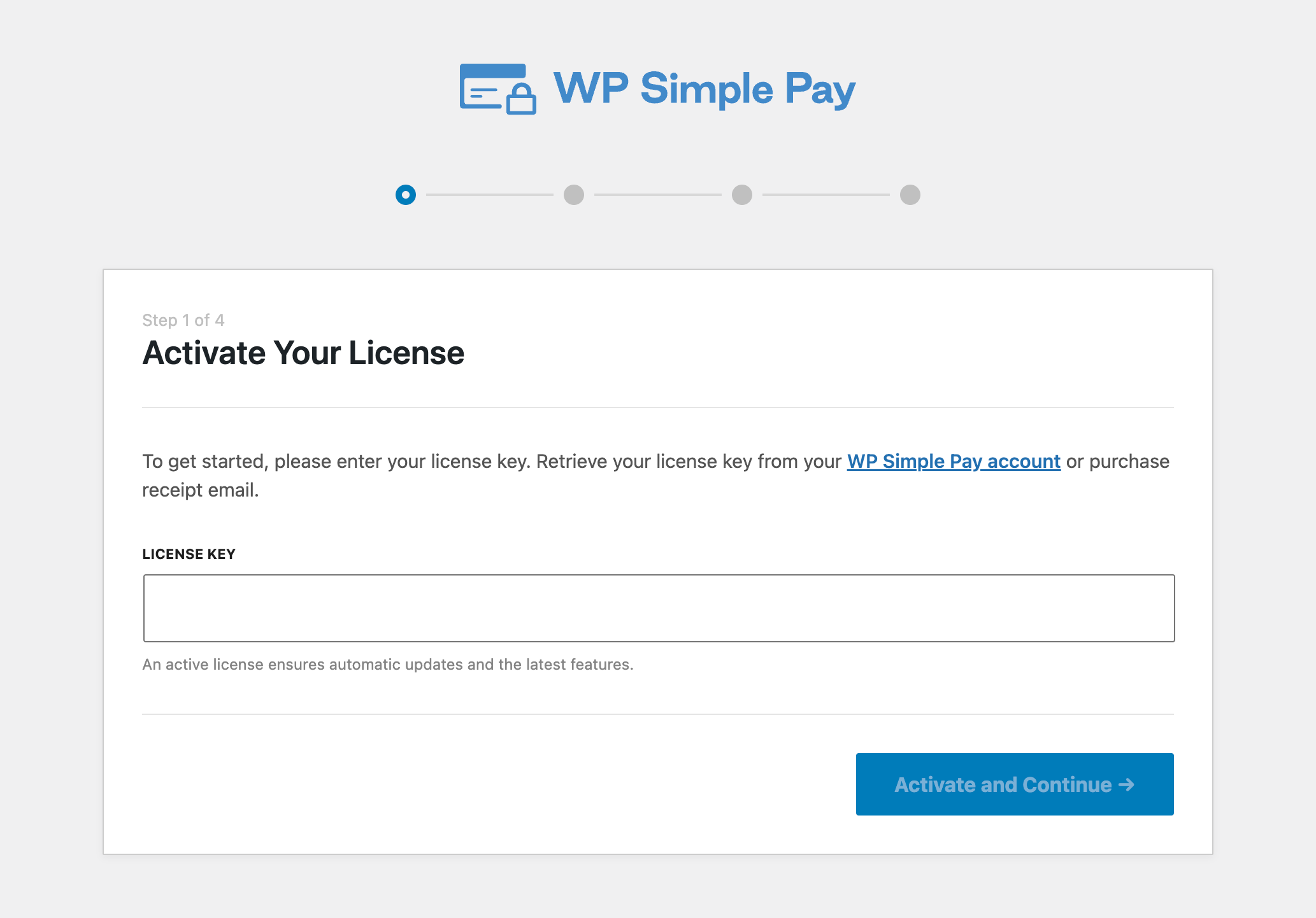 WP Simple Pay setup wizard license