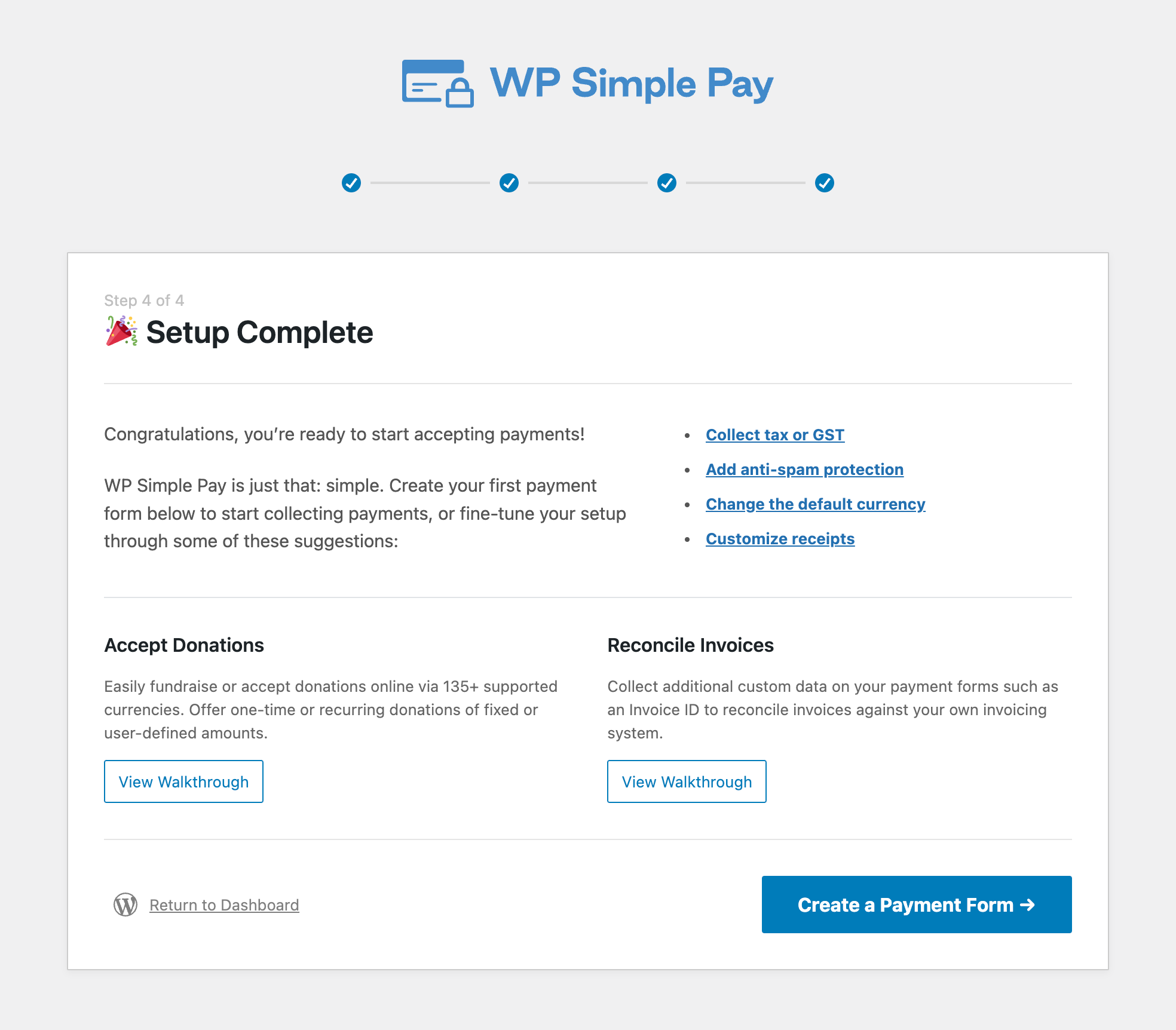 WP Simple Pay setup wizard complete