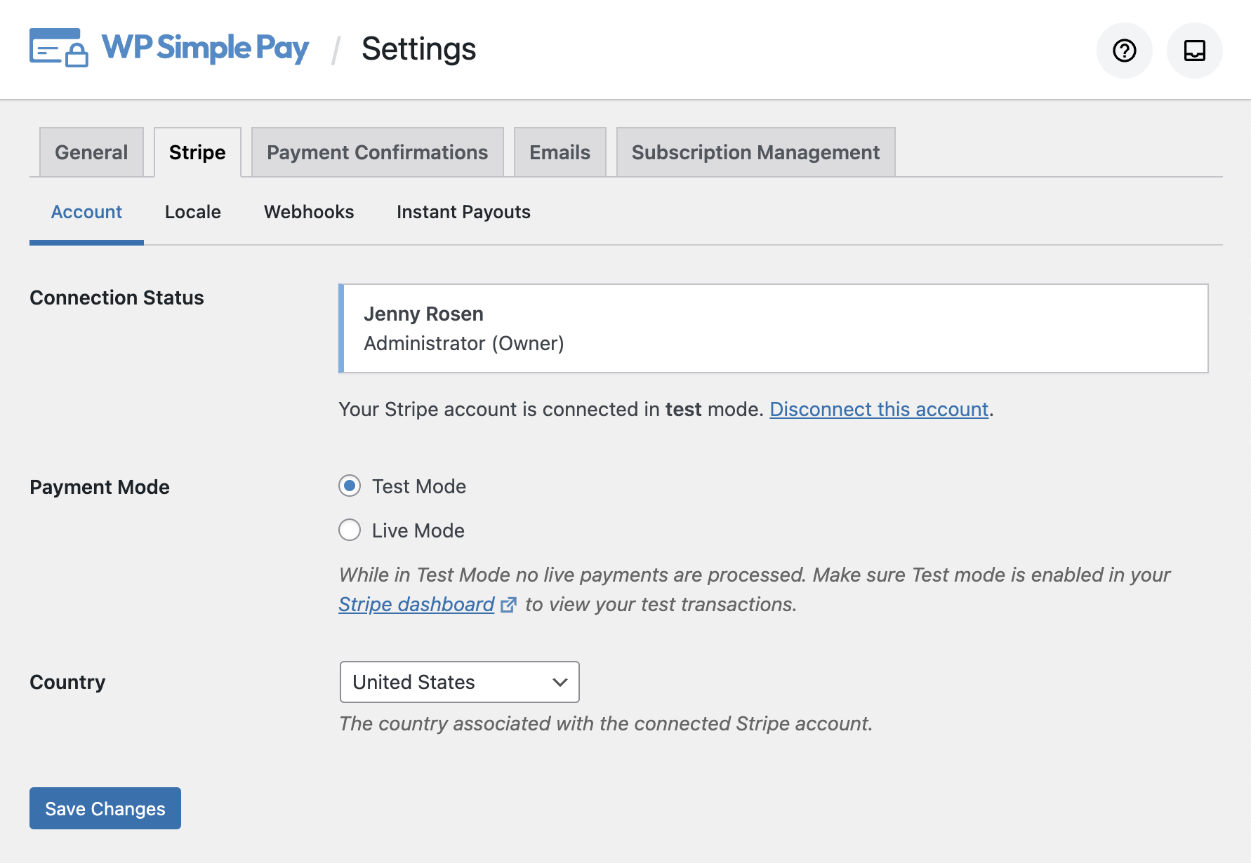 WP Simple Pay Stripe account settings