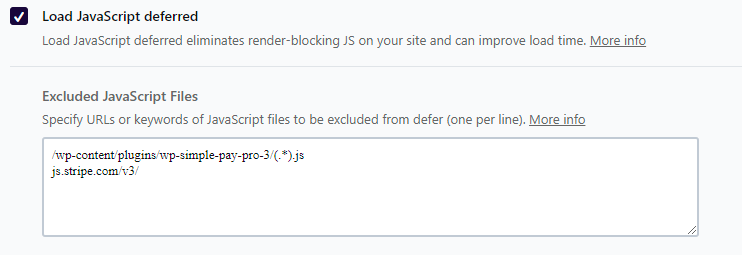 wp simple pay wp rocket settings load javascript deferred