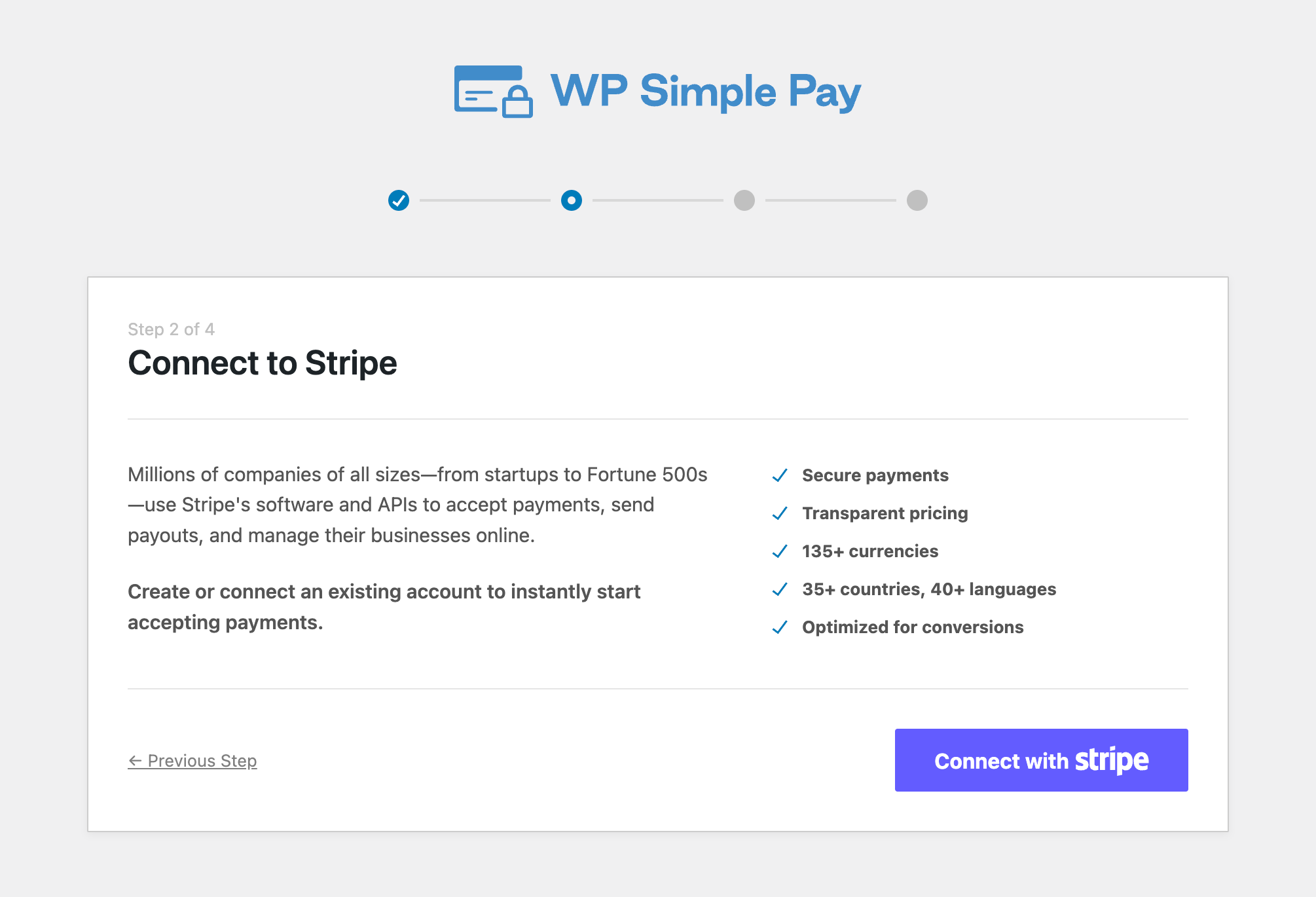 WP Simple Pay setup wizard Connect with Stripe
