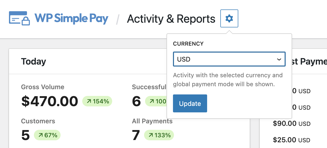 activity reports page reports currency selector