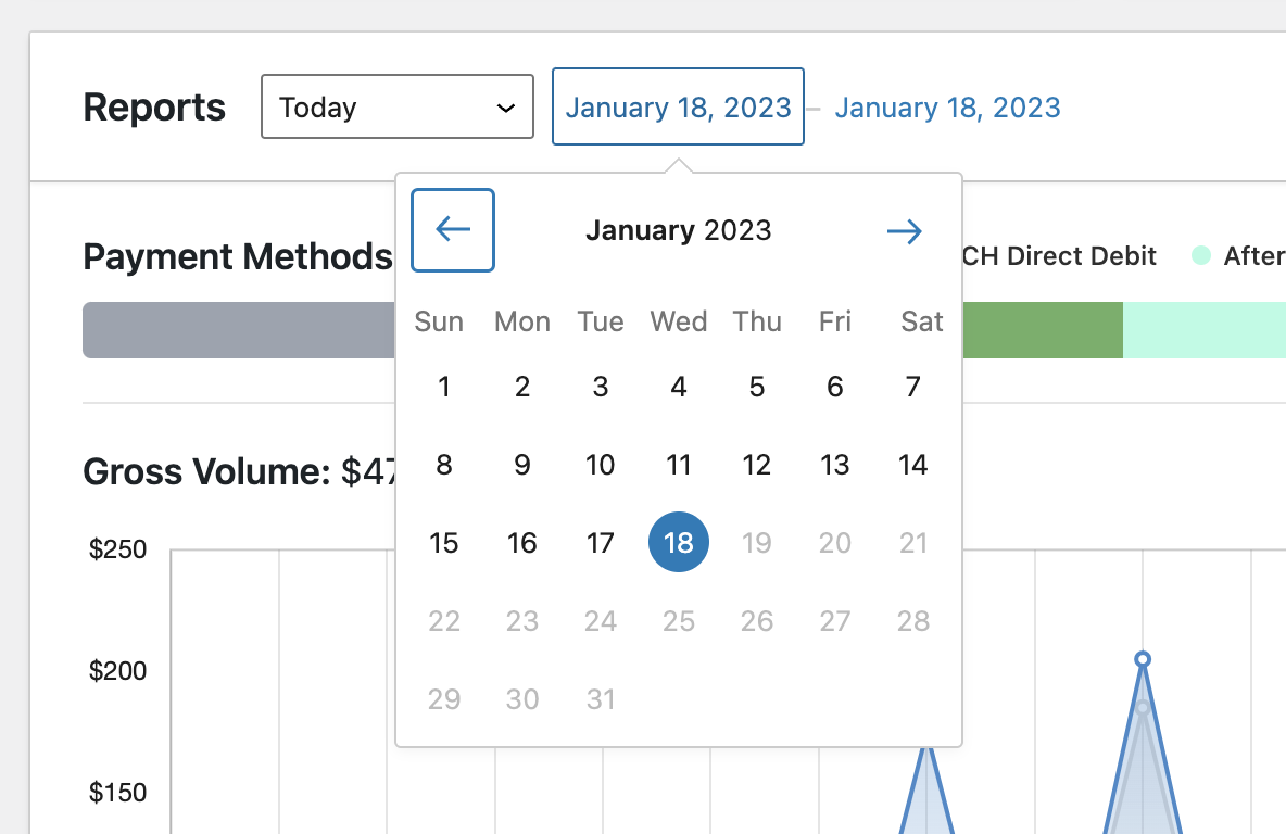 activity reports page reports date selector
