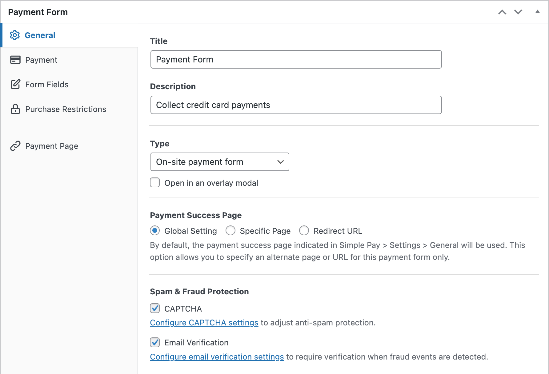 general settings payment form