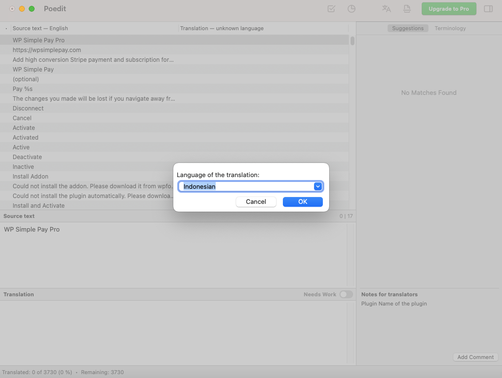 translate wp simple pay poedit choose language