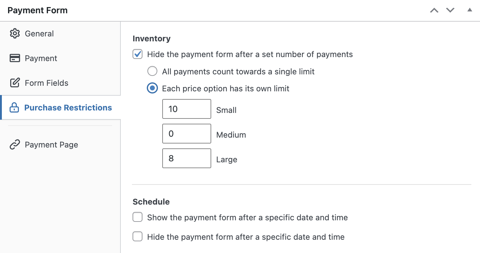 payment form inventory