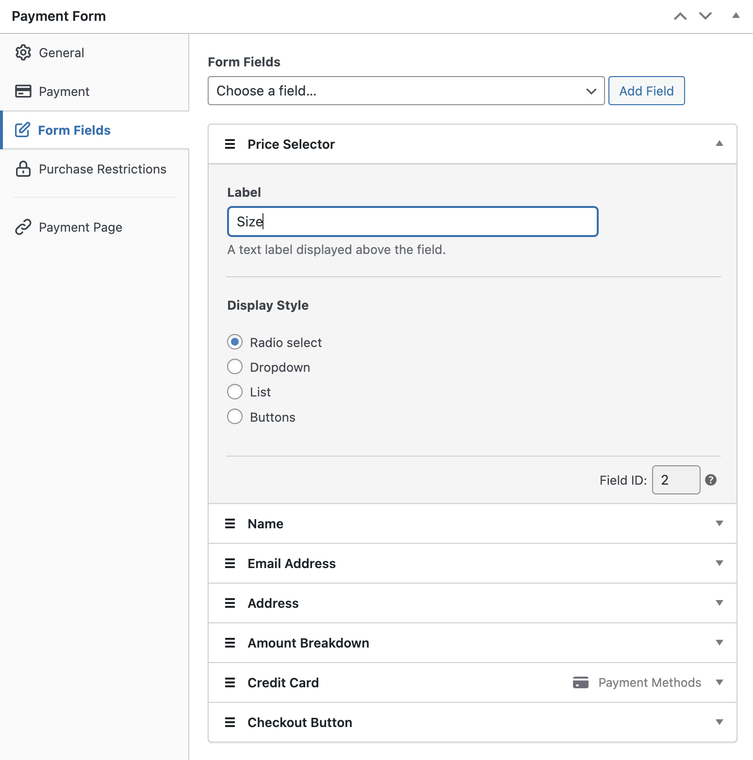 payment form product price selector