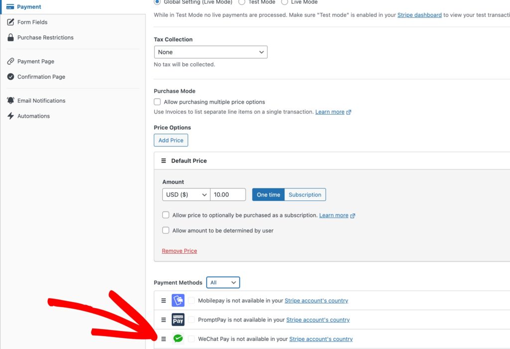 enable wechat pay payment methods in wordpress 